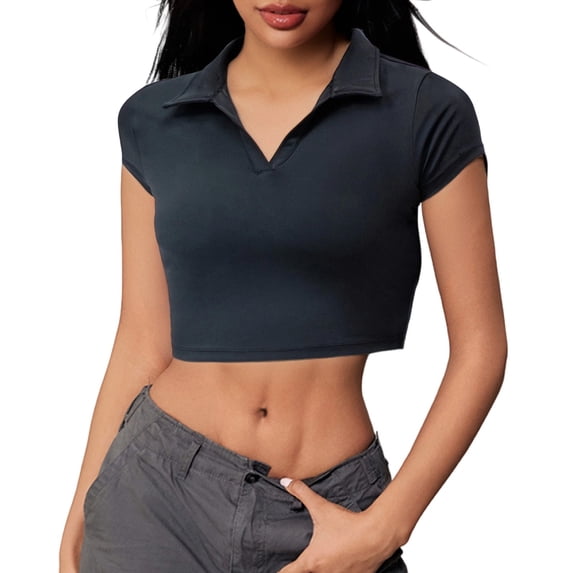 Trendfront Womens Solid Polo Shirts Collared Short Sleeve Cropped Slim Fit Casual Summer Golf Tops Sports Fan Everyday Wear