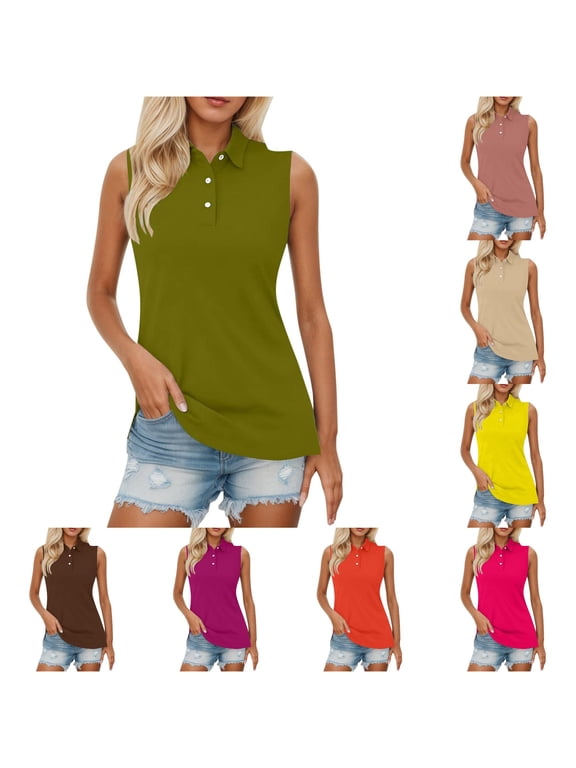 Womens Solid Polo Tank Tops Collared Sleeveless Button Placket Side Slit Casual Summer Shirt Relaxed Everyday Style