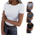 thumbnail image 1 of Trendfront Womens Solid Ribbed T Shirts Crewneck Short Sleeve Slim Fit Stretch Basic Layering Tee Casual Fitted Tops, 1 of 5