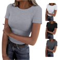 thumbnail image 1 of Trendfront Womens Solid Ribbed T Shirts Crewneck Short Sleeve Slim Fit Stretch Basic Layering Tee Casual Fitted Tops, 1 of 5