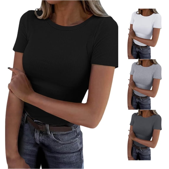 Trendfront Womens Solid Ribbed T Shirts Crewneck Short Sleeve Slim Fit Stretch Basic Layering Tee Casual Fitted Tops