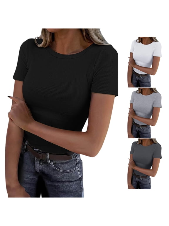 Womens Solid Ribbed T Shirts Crewneck Short Sleeve Slim Fit Stretch Basic Layering Tee Casual Fitted Tops