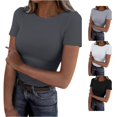 thumbnail image 1 of Trendfront Womens Solid Ribbed T Shirts Crewneck Short Sleeve Slim Fit Stretch Basic Layering Tee Casual Fitted Tops, 1 of 5