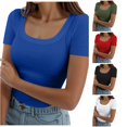 thumbnail image 1 of Trendfront Womens Solid Ribbed T Shirts Scoop Neck Short Sleeve Slim Fit Basic Layering Tee Casual Everyday Fitted Tops, 1 of 5