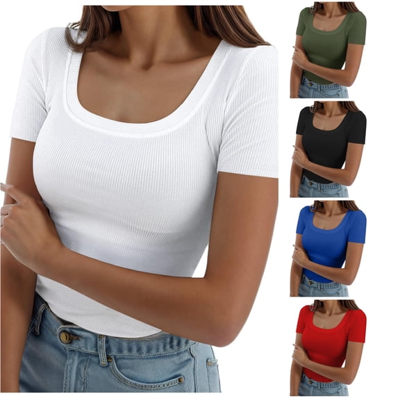 Trendfront Womens Solid Ribbed T Shirts Scoop Neck Short Sleeve Slim Fit Basic Layering Tee Casual Everyday Fitted Tops