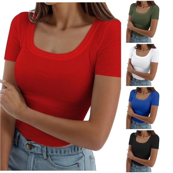 Trendfront Womens Solid Ribbed T Shirts Scoop Neck Short Sleeve Slim Fit Basic Layering Tee Casual Everyday Fitted Tops