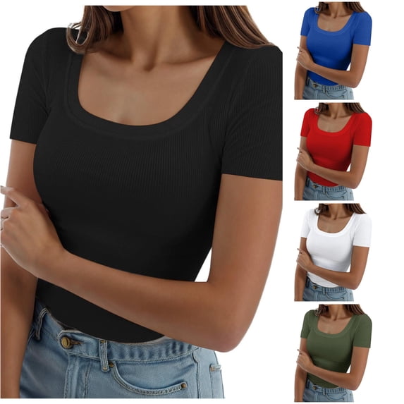 Trendfront Womens Solid Ribbed T Shirts Scoop Neck Short Sleeve Slim Fit Basic Layering Tee Casual Everyday Fitted Tops