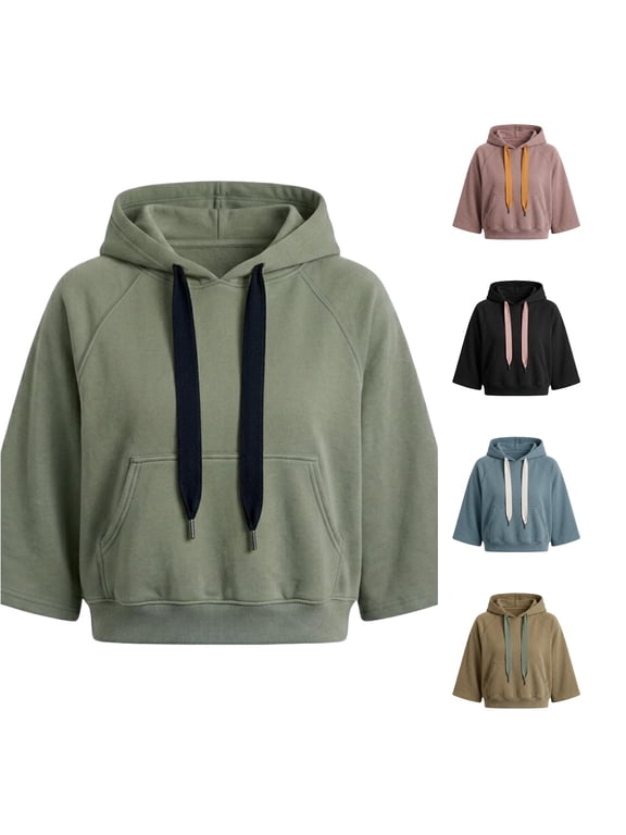 Womens Solid Short Sleeve Hoodie Drawstring Cropped Fit Kangaroo Pocket Casual Hooded Tops