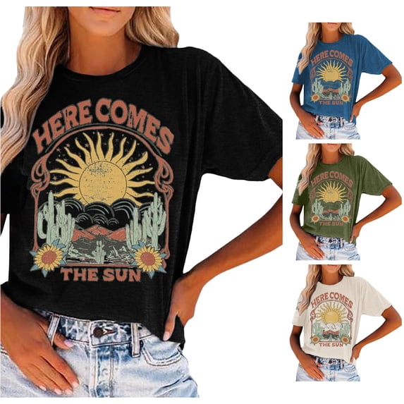 Trendfront Womens Southwestern Boho Graphic T Shirt Distressed Crewneck Short Sleeve Sunshine Country Music Festival Casual Fashion Tee