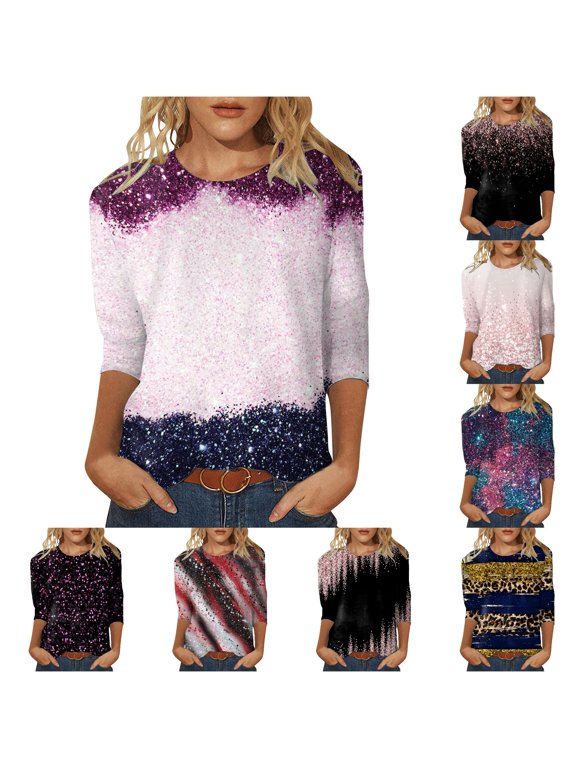Womens Sparkle Print Blouse Crewneck 3/4 Sleeve Glitter Graphic Relaxed Fit Party Night Out Casual Tops