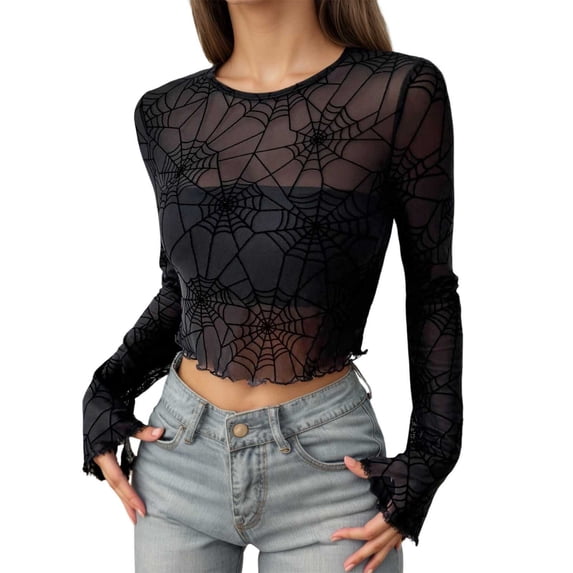 Trendfront Womens Spider Web Mesh Crop Tops Crewneck Long Sleeve Sheer Slim Fit Halloween Party Going Out Layering Tops