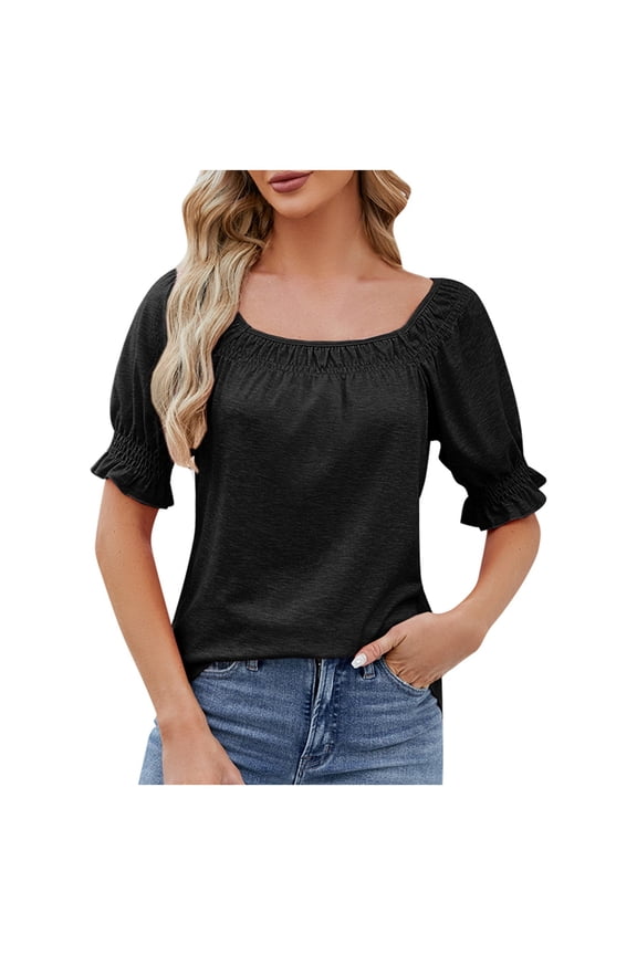 Womens Square Neck Blouse Smocked Ruffle Sleeve Solid Color Tee Casual Puff Short Sleeve T Shirts Loose Fit Summer Tops