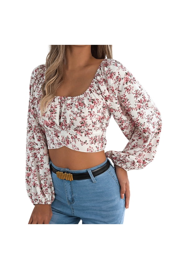 Womens Square Neck Long Sleeve Tops Chiffon Floral Flower Printed Lantern Sleeve Tees Tie Waist Cinch Crop Top Style Shirts