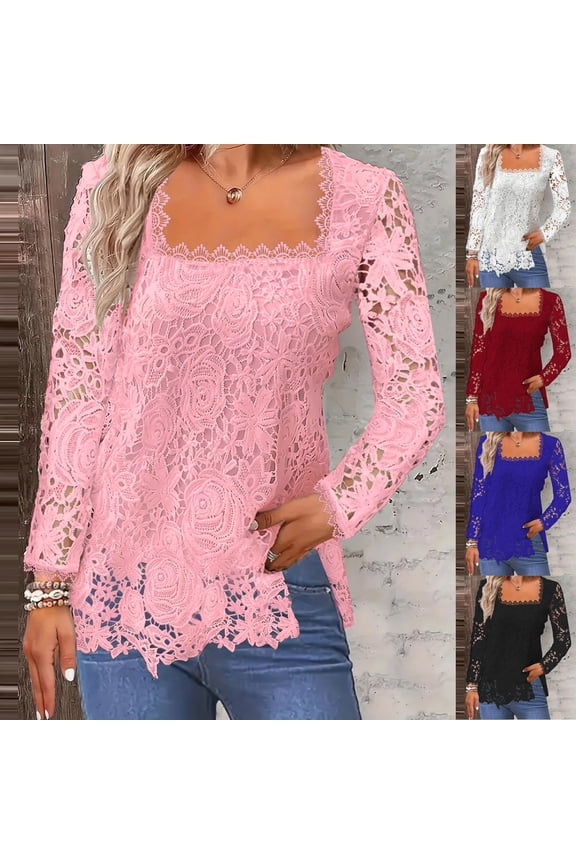 Womens Square Neck Long Sleeve Tops Openwork Edge Detail Solid Color Plain Tees Casual Fashion Style Apparel T-Shirts