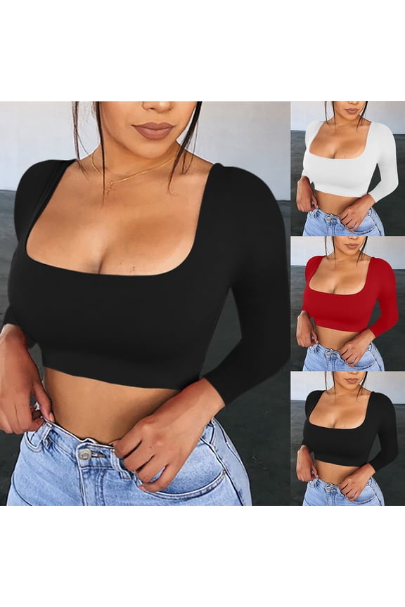 Womens Square Neck Tops Fashion Summer Long Sleeve T Shirts Slim Fit Crop Tee Ribbed Knit Soft Basic Going Out Pullover Shirts