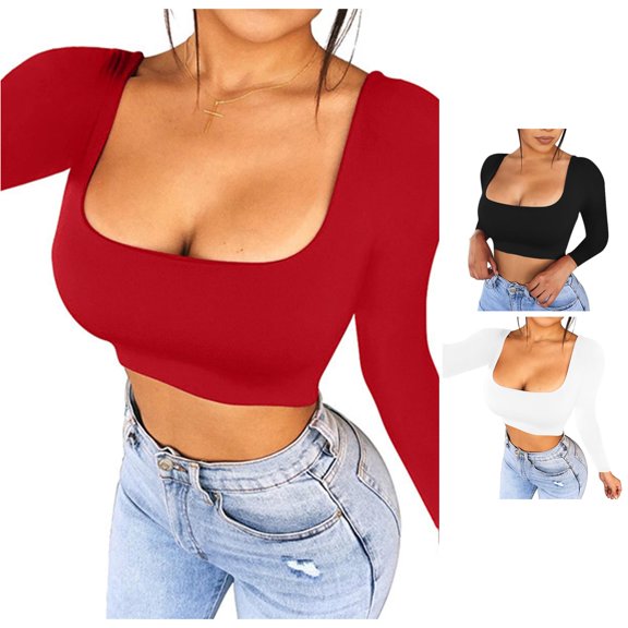 Trendfront Womens Square Neck Tops Fashion Summer Long Sleeve T-Shirts Slim Fit Crop Tee Ribbed Knit Soft Basic Going Out Pullover Shirts