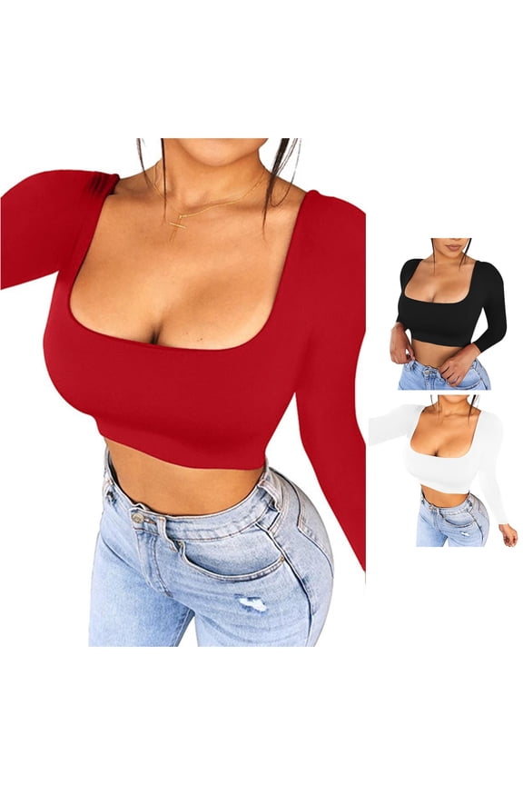Womens Square Neck Tops Fashion Summer Long Sleeve T-Shirts Slim Fit Crop Tee Ribbed Knit Soft Basic Going Out Pullover Shirts