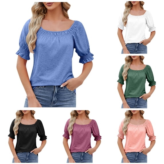 Trendfront Womens Square Neck Tops Fashion Summer Short Sleeve T-Shirts Casual Trendy Puff Sleeve Ruched Tee Loose Fit Soft Pullover Clothing