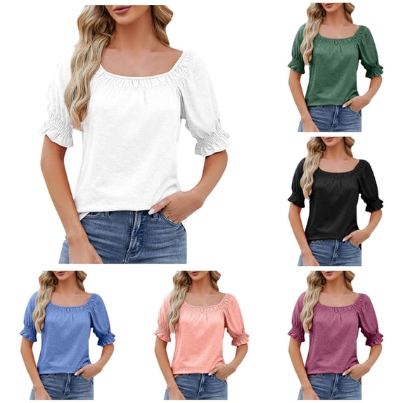 Trendfront Womens Square Neck Tops Fashion Summer Short Sleeve T-Shirts Casual Trendy Puff Sleeve Ruched Tee Loose Fit Soft Pullover Clothing