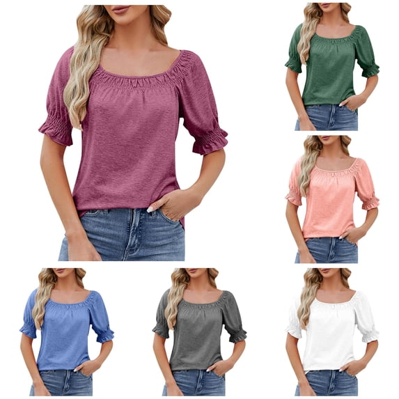 Trendfront Womens Square Neck Tops Fashion Summer Short Sleeve T-Shirts Casual Trendy Puff Sleeve Ruched Tee Loose Fit Soft Pullover Clothing