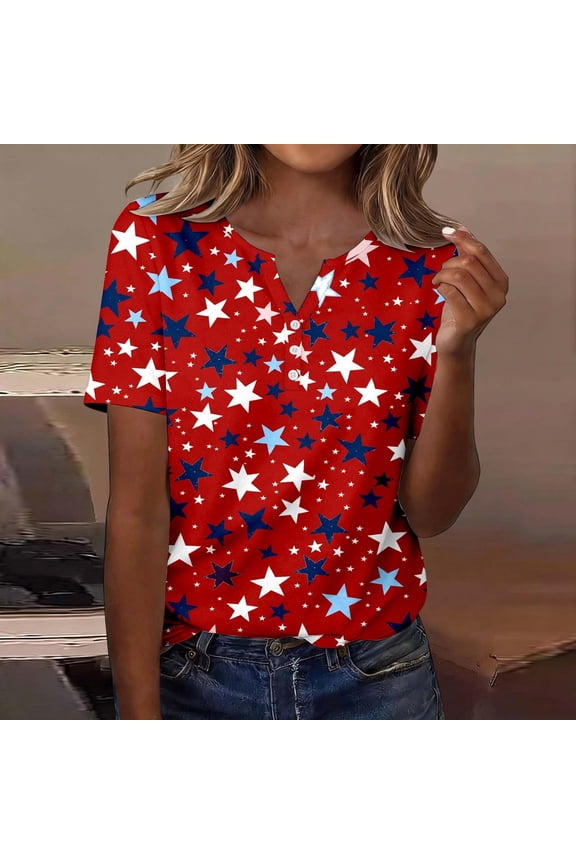 Womens Star Print Button Down Tops 4th of July Independence Day Casual V-Neck T-Shirt Short Sleeve Tee for Women