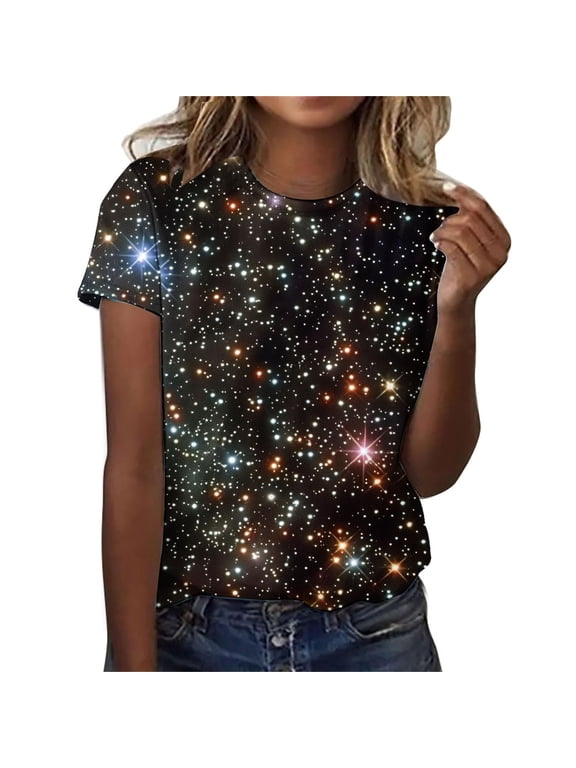 Womens Starry Galaxy T Shirts Crewneck Short Sleeve Celestial All Over Print Casual Tee Tops Warm Weather Wear