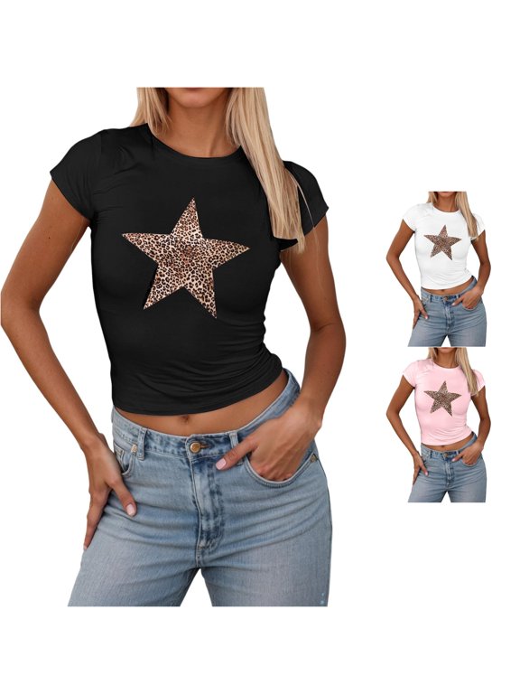Womens Statement Leopard Print Star Graphic T Shirts With Cheetah Print Accent Crewneck Short Sleeve Casual Relaxed Fit Summer Everyday Tee Tops