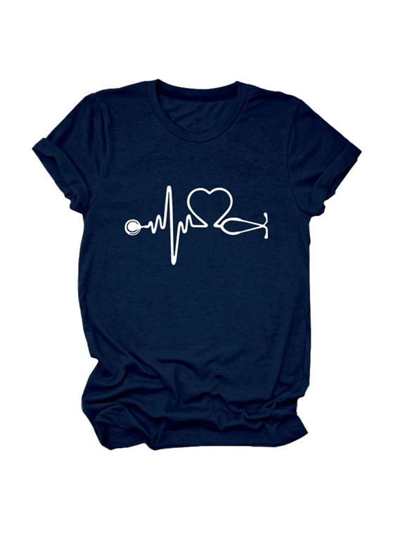 Womens Stethoscope Graphic T-Shirt Crewneck Short Sleeve Heartbeat EKG Line Printed Pullover Casual Fashion Tee