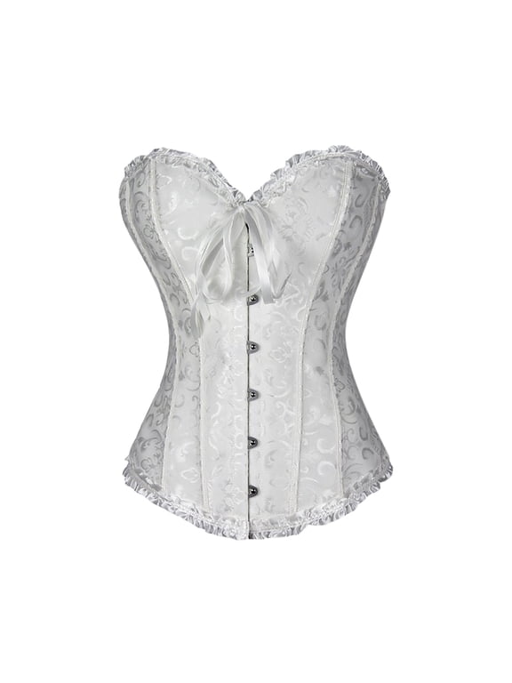 Womens Strapless Corset Floral Pattern Bow Detail Sweetheart Neck Bustier Front Hook Closure Ruffle Fitted Top