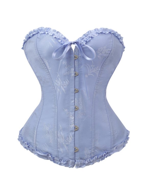 Womens Strapless Corset Top Floral Pattern Sweetheart Neckline Bow Tie Front Hook Closure Ruffle Fitted Bustier Bodice