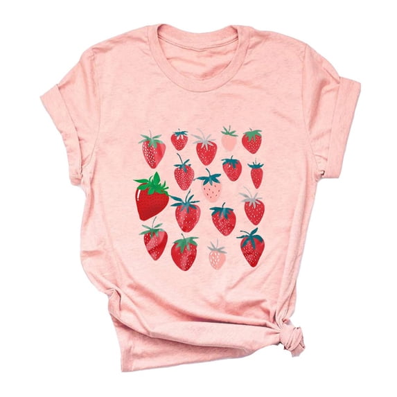 Trendfront Womens Strawberry Graphic T-Shirt Crewneck Short Sleeve Cute Sweet Fruit Pattern Printed Summer Vacation Holiday Pullover Slouchy Tee