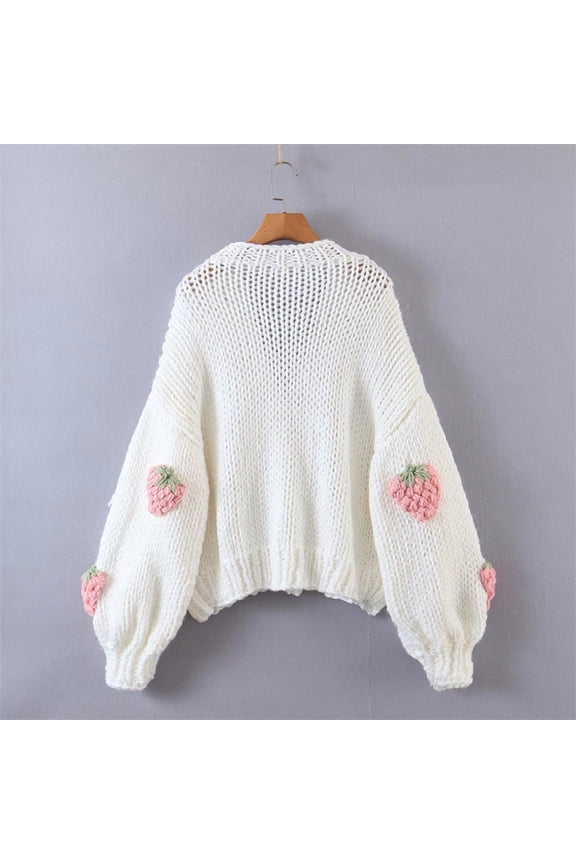 Womens Strawberry Print Cardigan Sweater Long Sleeve Button Front Knit Jacket Cute Fruit Graphic Casual Cropped Outerwear