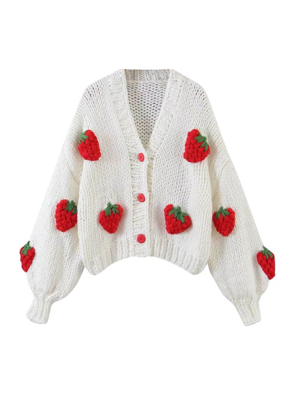 Womens Strawberry Print Cardigan Sweater Long Sleeve Button Front Knit Jacket Cute Fruit Graphic Casual Cropped Outerwear
