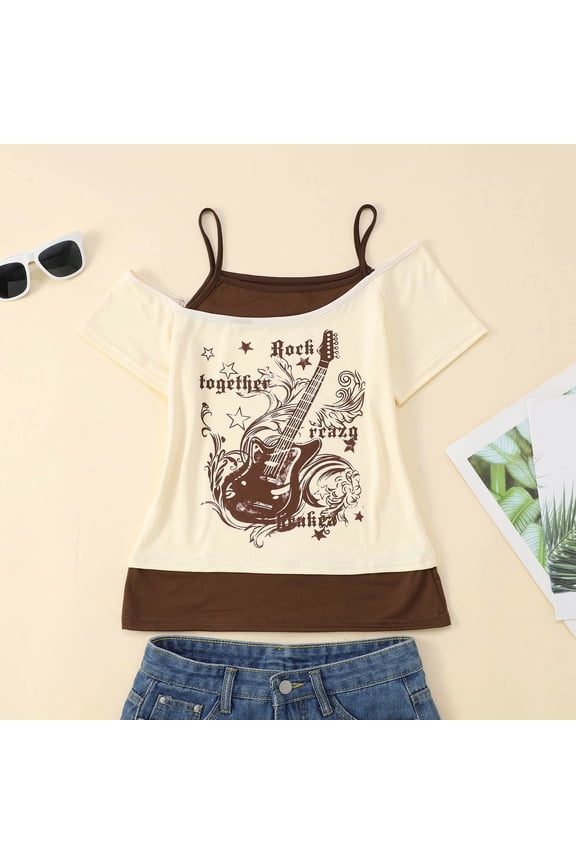 Womens Streetwear Tops Y2K Off Shoulder Short Sleeve Layered Cami Insert Guitar Graphic Grunge Slim Fit Top