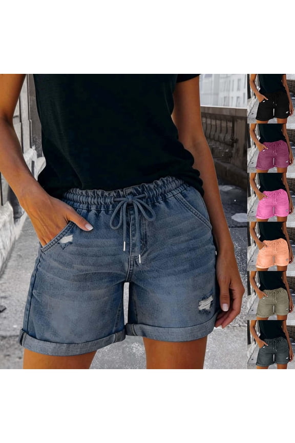 Womens Stretchy High Waisted Distressed Cut-off Shorts Denim Style Casual Shorts Summer Fashion Streetwear Everyday Bottoms