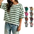 thumbnail image 1 of Trendfront Womens Stripe Print T Shirts Crew Neck Short Sleeve Oversized Drop Shoulder Loose Fit Casual Summer Everyday Wear Basic Classic Slouchy Top, 1 of 4