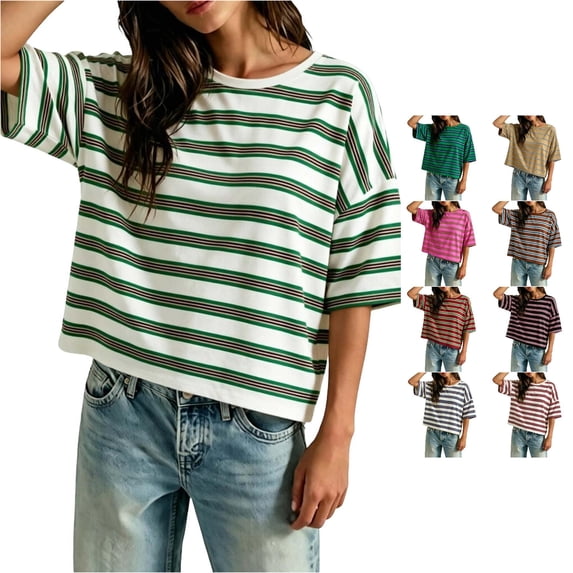 Trendfront Womens Stripe Print T Shirts Crew Neck Short Sleeve Oversized Drop Shoulder Loose Fit Casual Summer Everyday Wear Basic Classic Slouchy Top