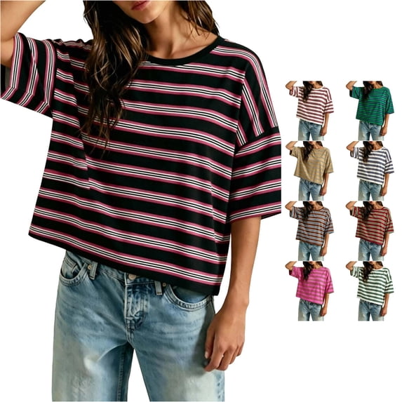 Trendfront Womens Stripe Print T Shirts Crew Neck Short Sleeve Oversized Drop Shoulder Loose Fit Casual Summer Everyday Wear Basic Classic Slouchy Top