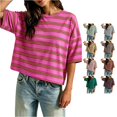 thumbnail image 1 of Trendfront Womens Stripe Print T Shirts Crew Neck Short Sleeve Oversized Drop Shoulder Loose Fit Casual Summer Everyday Wear Basic Classic Slouchy Top, 1 of 4