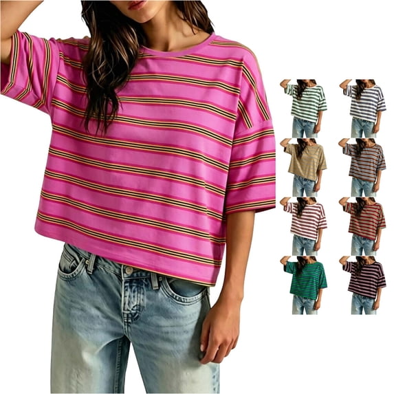 Trendfront Womens Stripe Print T Shirts Crew Neck Short Sleeve Oversized Drop Shoulder Loose Fit Casual Summer Everyday Wear Basic Classic Slouchy Top