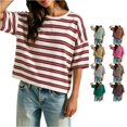 thumbnail image 1 of Trendfront Womens Stripe Print T Shirts Crew Neck Short Sleeve Oversized Drop Shoulder Loose Fit Casual Summer Everyday Wear Basic Classic Slouchy Top, 1 of 4