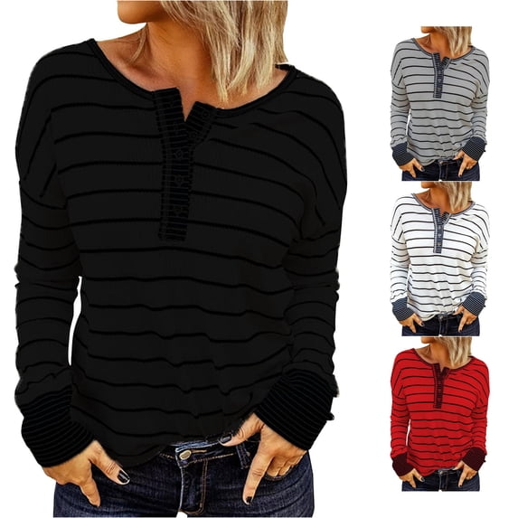 Trendfront Womens Striped Henley Tops Crewneck Long Sleeve Button Detail Casual Lightweight Loose Fit Pullover Shirts
