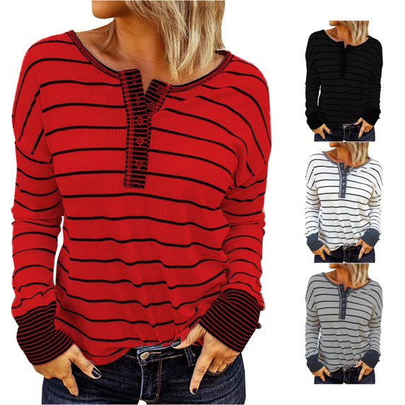 Trendfront Womens Striped Henley Tops Crewneck Long Sleeve Button Detail Casual Lightweight Loose Fit Pullover Shirts