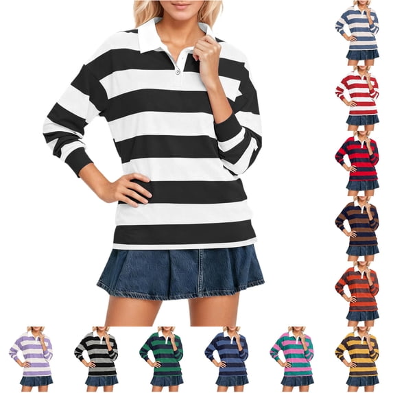 Trendfront Womens Striped Polo Shirts Collared Long Sleeve Rugby Style Oversized Preppy Athletic Casual Pullover Tops