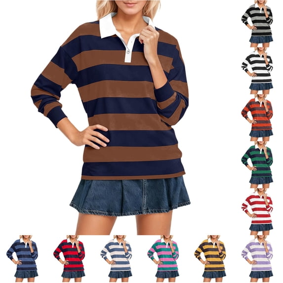 Trendfront Womens Striped Polo Shirts Collared Long Sleeve Rugby Style Oversized Preppy Athletic Casual Pullover Tops