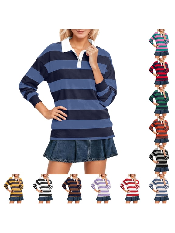 Womens Striped Polo Shirts Collared Long Sleeve Rugby Style Oversized Preppy Athletic Casual Pullover Tops