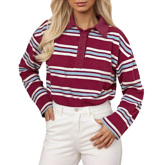 Trendfront Womens Striped Polo Shirts Collared Neck Long Sleeve Colorblock Stripe Print Casual Loose Fit Pullover Tops
