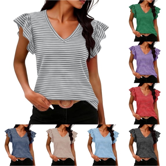 Trendfront Womens Striped T Shirt Ruffle Short Sleeve V Neck Casual Relaxed Fit Lightweight Everyday Summer Tops