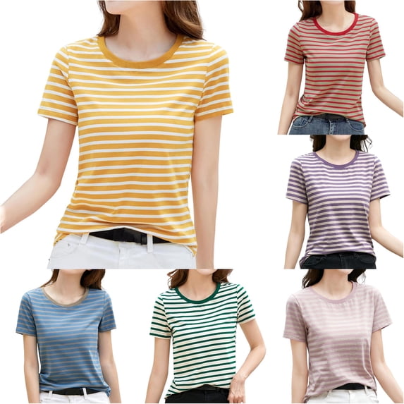 Trendfront Womens Striped T Shirts Crewneck Short Sleeve Horizontal Stripe Print Casual Lightweight Everyday Basic Tee Tops