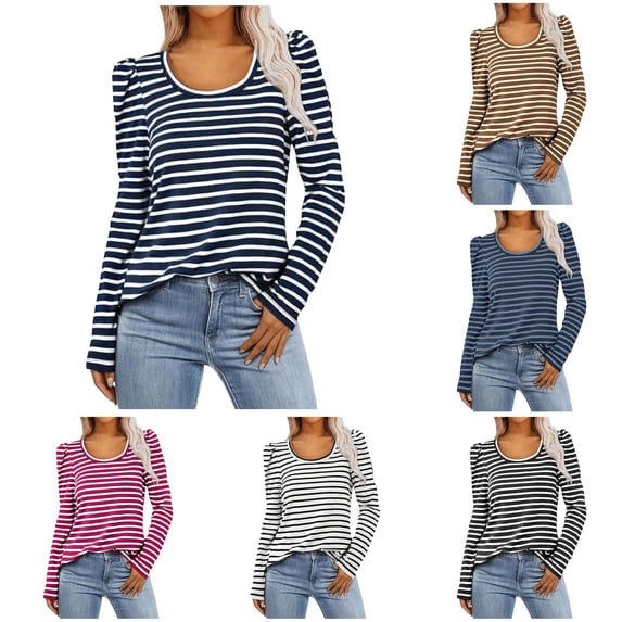 Trendfront Womens Striped T Shirts Scoop Neck Long Puff Sleeve Classic Pattern Slim Fit Casual Fall Winter Tee Tops